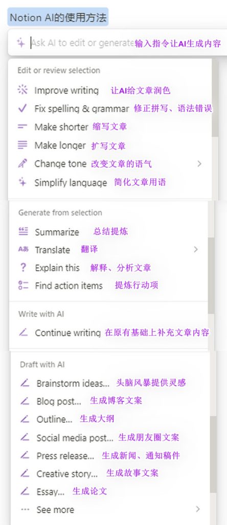 菜单上集成了Notion AI的所有功能