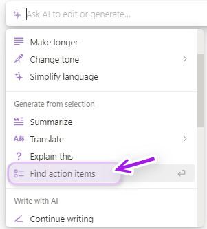 呼出AI菜单，并点击Find action items按钮